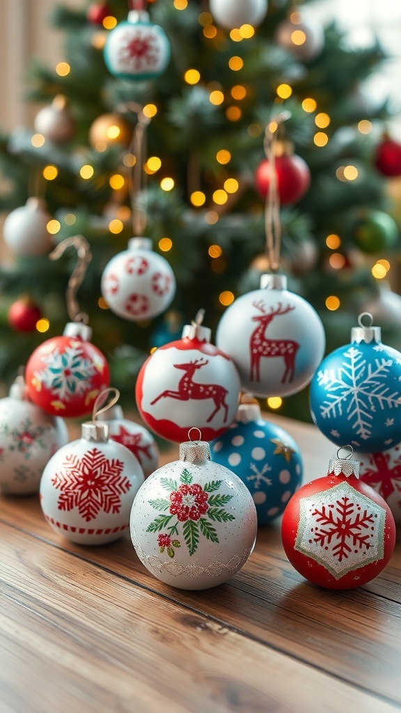 Hand-painted Christmas ornaments with various designs on a wooden table, surrounded by a decorated Christmas tree.